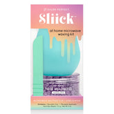 Sliick Microwave Wax Kit – Retail packaging with a reusable melting cup, mint spatula & acai berry hard wax beads. Strip-free face & body waxing.