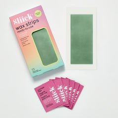 Slick wax strips packaging with green wax strips and post wax wipes on a white background