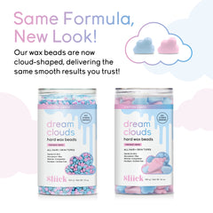 Two containers of Sliick Dream Clouds hard wax beads with text about new cloud-shaped packaging statting that is it is the same formula, just with a new look. 