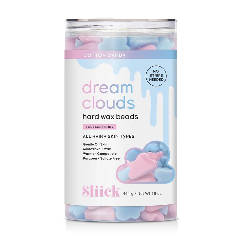 Canister of Dream Clouds Hard Wax Beads for Face & Body with pink and blue cloud beads on a white background