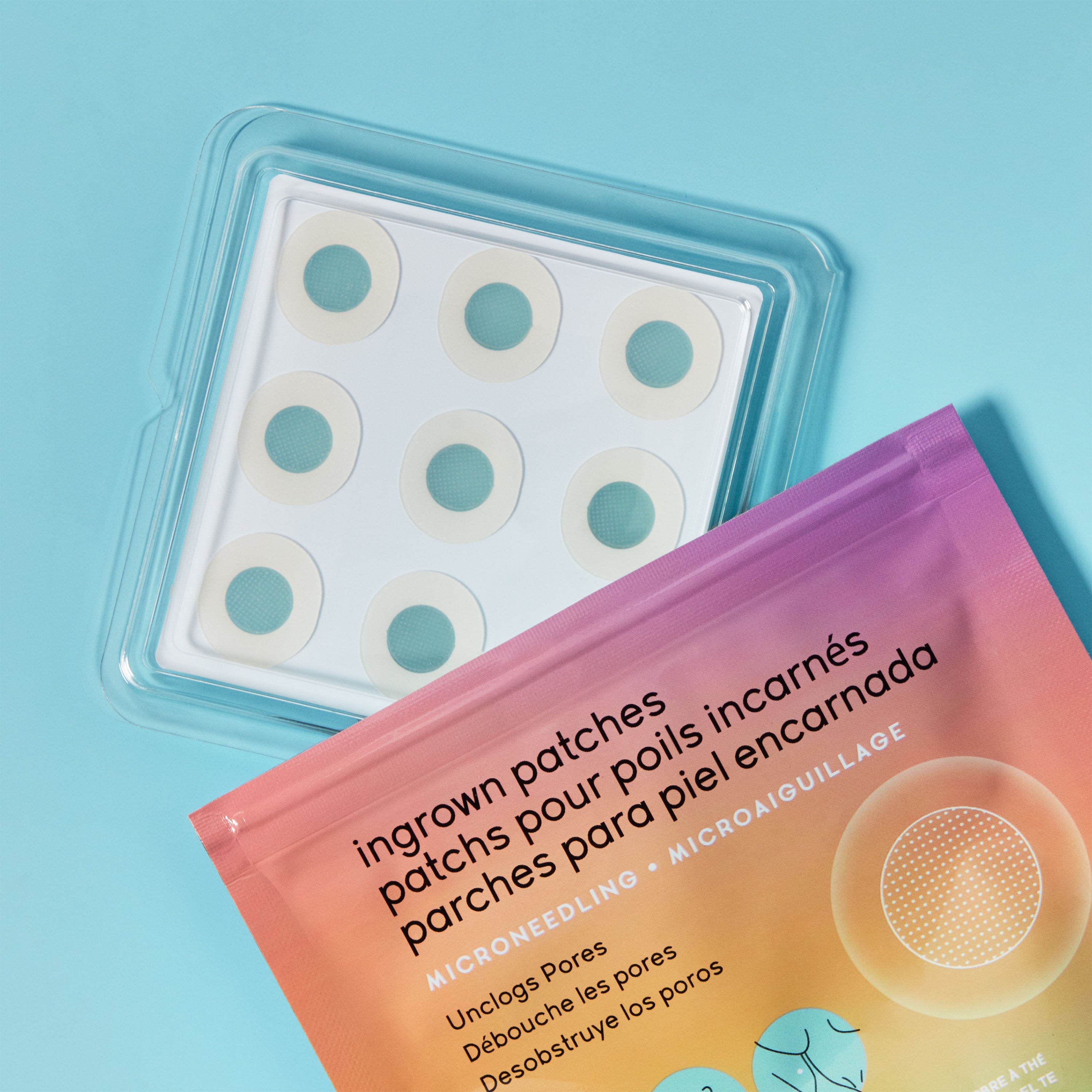 Pack of ingrown hair patches with packaging on a blue background