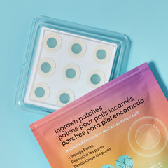 Pack of ingrown hair patches with packaging on a blue background