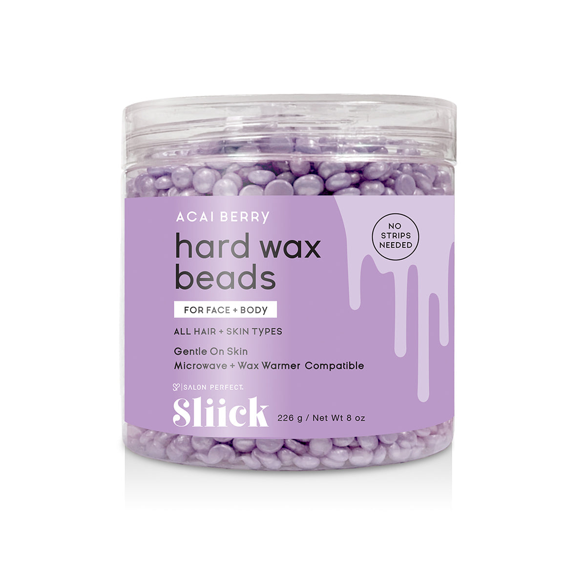 Sliick Acai Berry Wax Beads – 8 oz purple-labeled jar, strip-free, gentle on skin, microwave & wax warmer compatible, glossy purple wax beads.