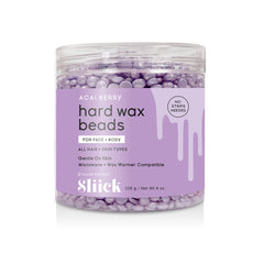 Sliick Acai Berry Wax Beads – 8 oz purple-labeled jar, strip-free, gentle on skin, microwave & wax warmer compatible, glossy purple wax beads.