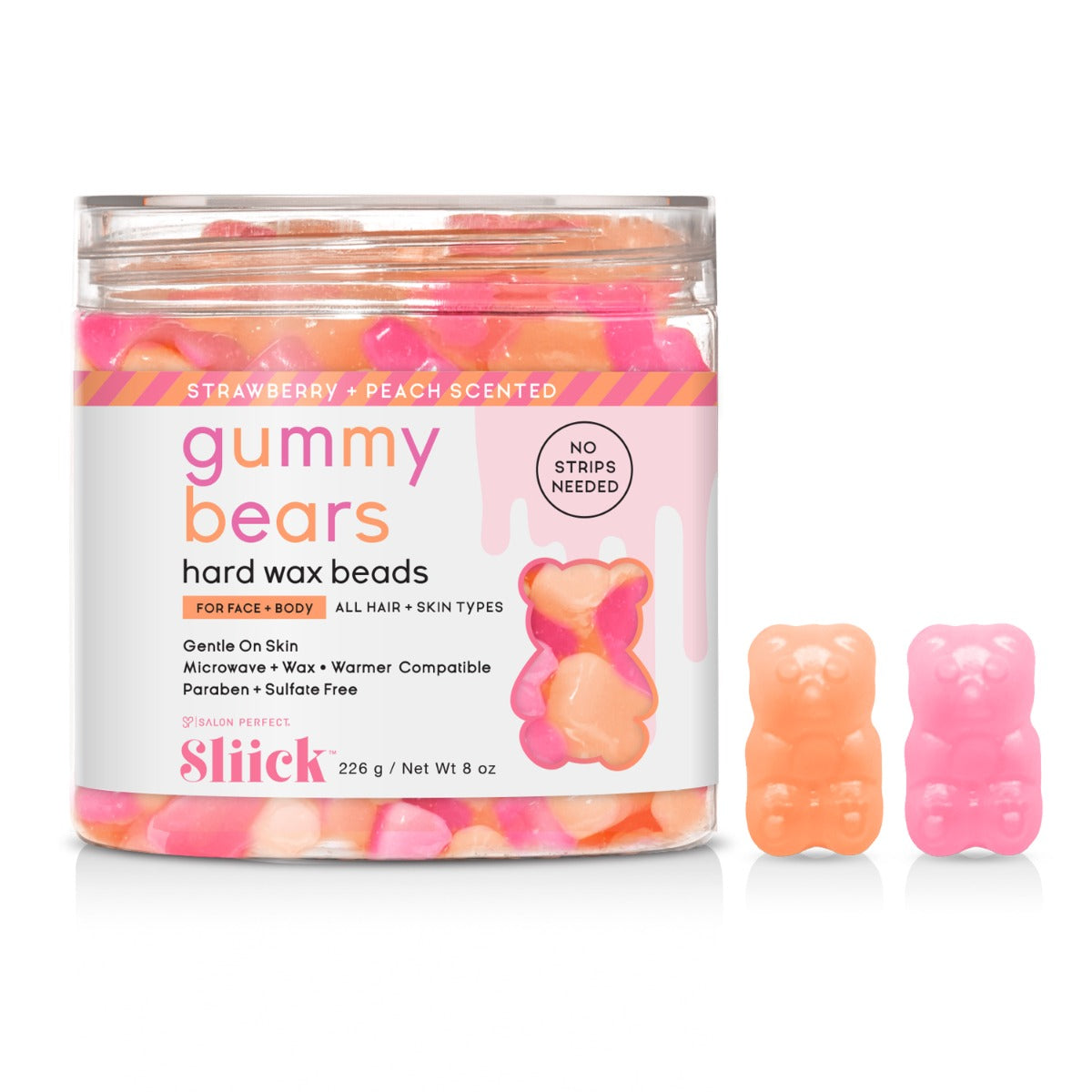 Sliick Gummy Bears Hard Wax Beads – Strawberry + peach-scented, strip-free wax in an 8 oz jar with gummy bear-shaped wax beads.