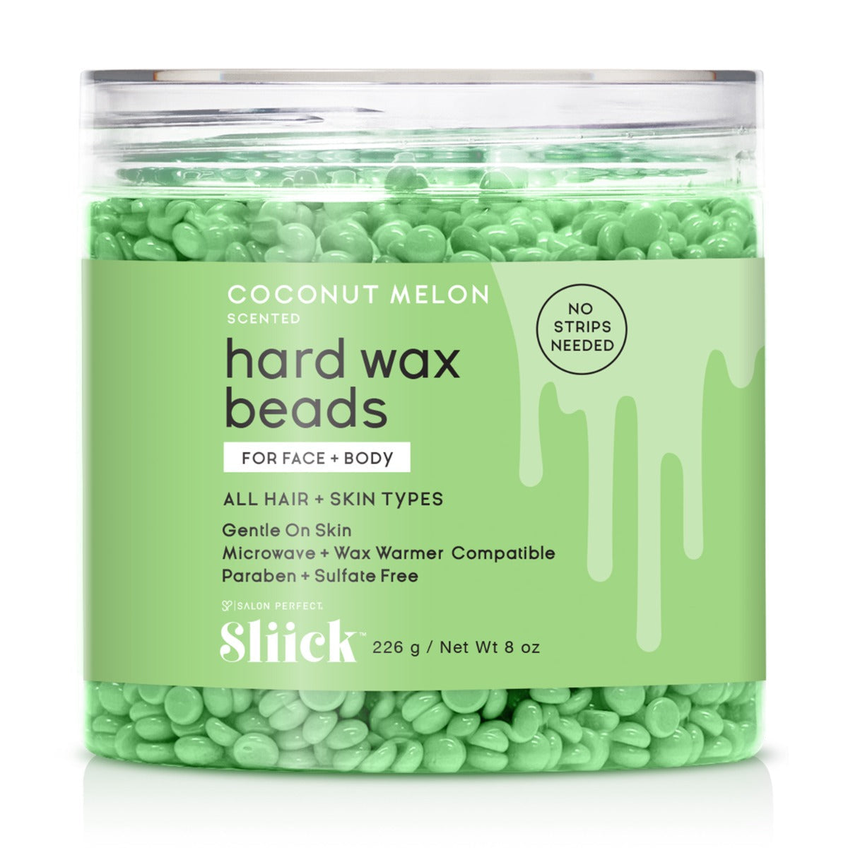 Sliick Coconut Melon Wax Beads – 8 oz green-labeled jar, scented with coconut & melon. Strip-free, gentle on skin, microwave & warmer compatible.