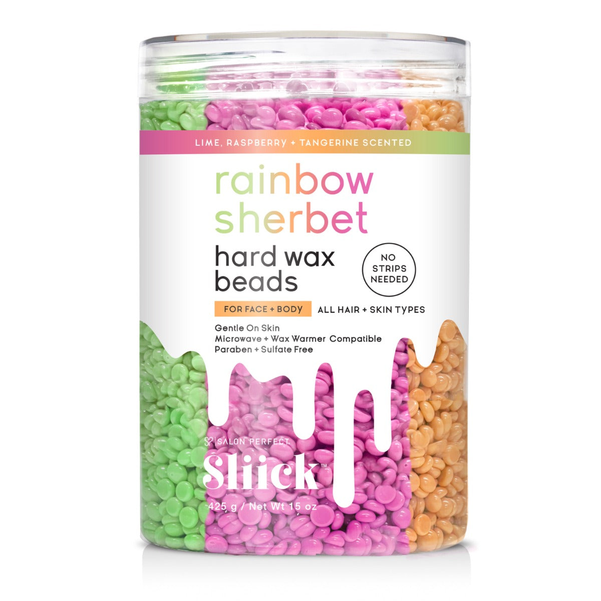 Sliick Rainbow Sherbet Hard Wax Beads – Lime, Raspberry & Tangerine scented, strip-free hair removal for face & body.