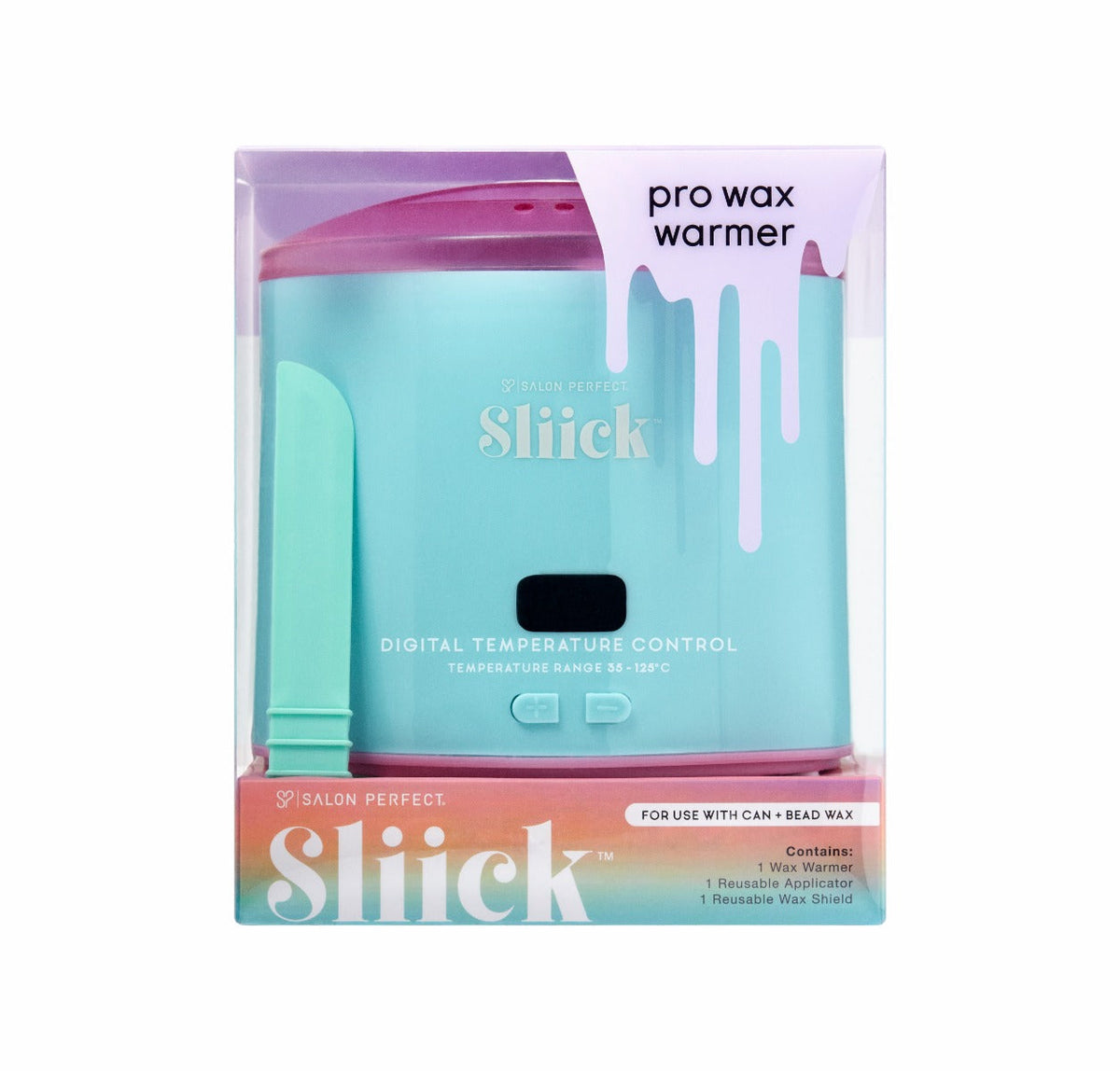 Sliick Pro Wax Warmer – Teal and pink design with digital temperature control for use with hard wax beads and wax cans at home.