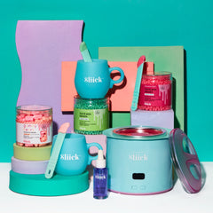 Sliick Waxing Essentials – Wax warmer, silicone melting cups, spatulas & scented hard wax beads, plus Soothe post-wax serum on a pastel backdrop.