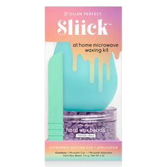 Sliick Microwave Wax Kit – Retail packaging with a reusable melting cup, mint spatula & acai berry hard wax beads. Strip-free face & body waxing.